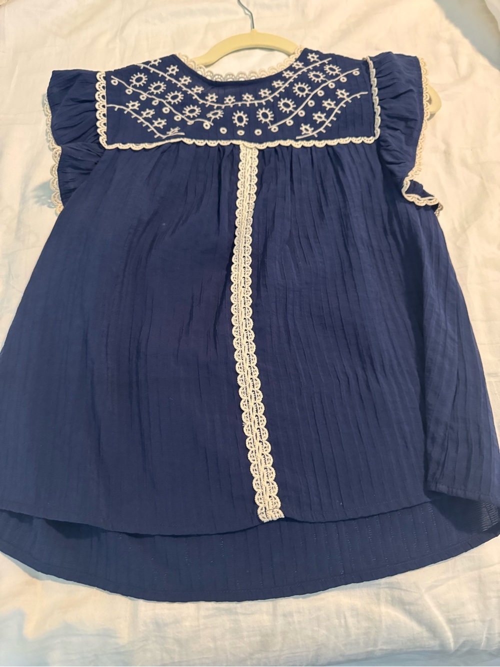 Embroidered Navy Blue Boho Top with White Lace Trim